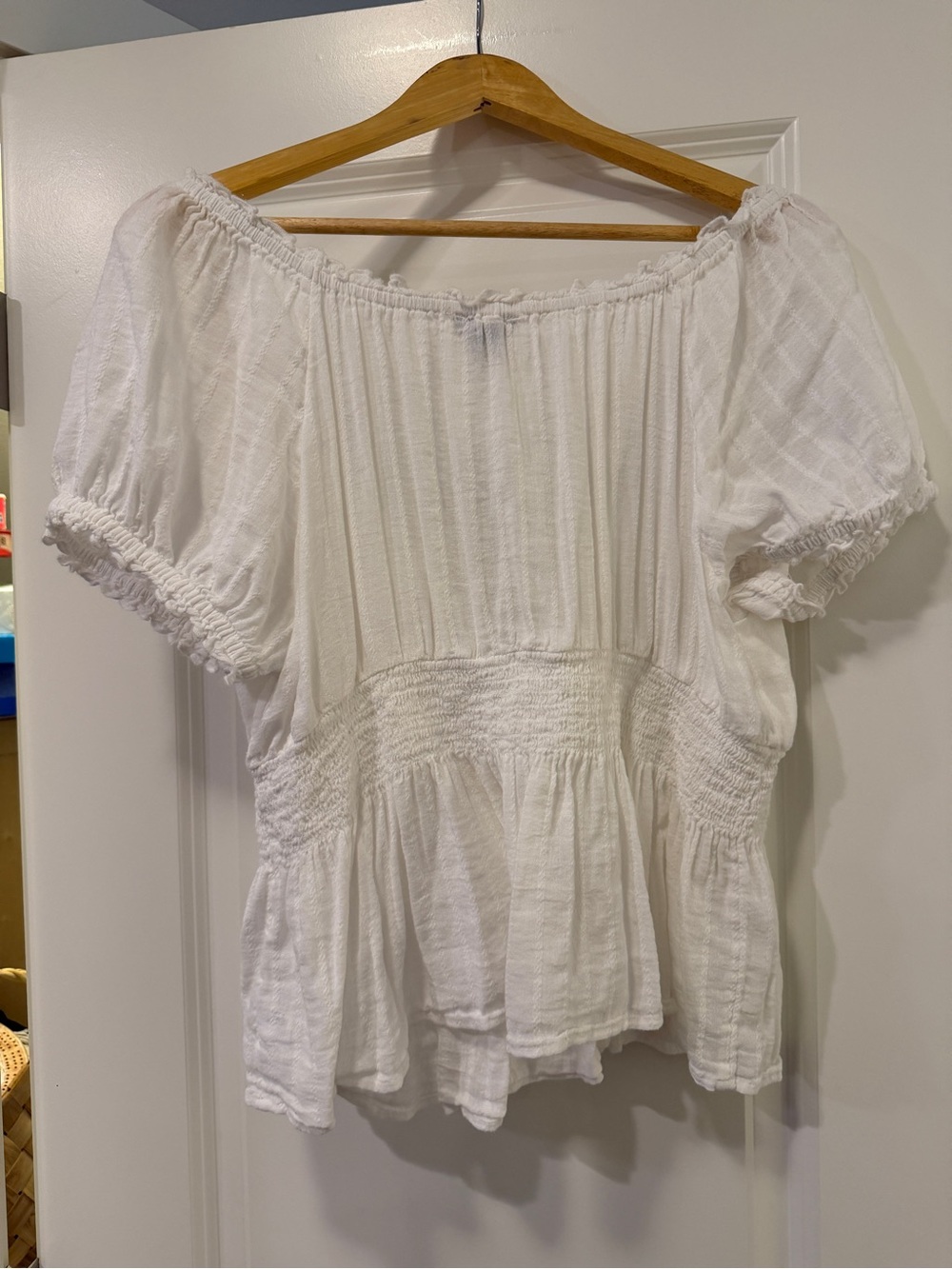 American Eagle Outfitters White Off-Shoulder Smocked Peasant Top